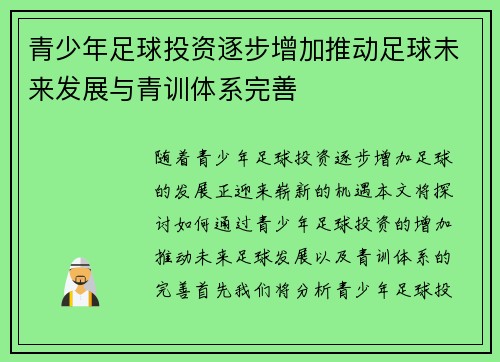 青少年足球投资逐步增加推动足球未来发展与青训体系完善
