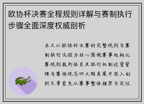 欧协杯决赛全程规则详解与赛制执行步骤全面深度权威剖析 欧协杯决赛全程规则详解与赛制执行步骤全面深度权威剖析